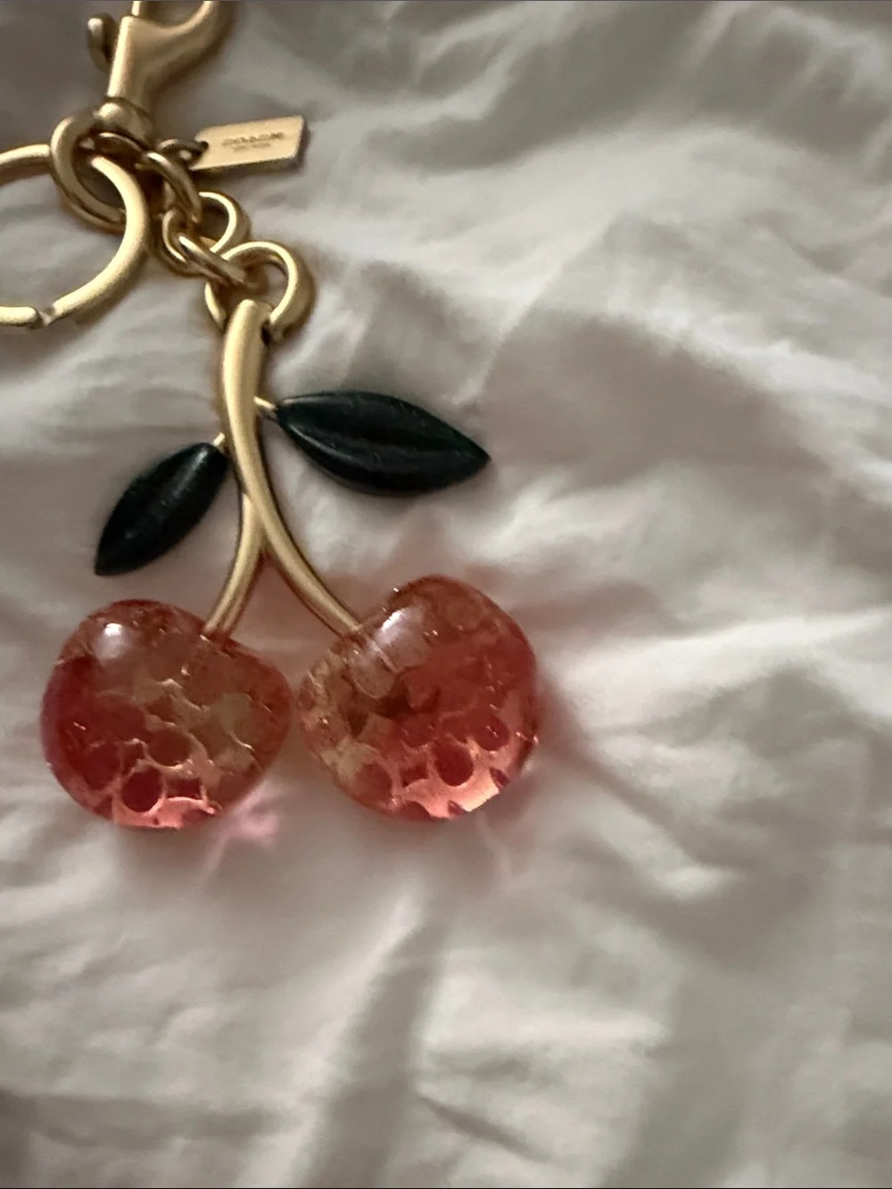 Coach Gold-Tone Pink Cherry Key Charm with Dark Green Leaves